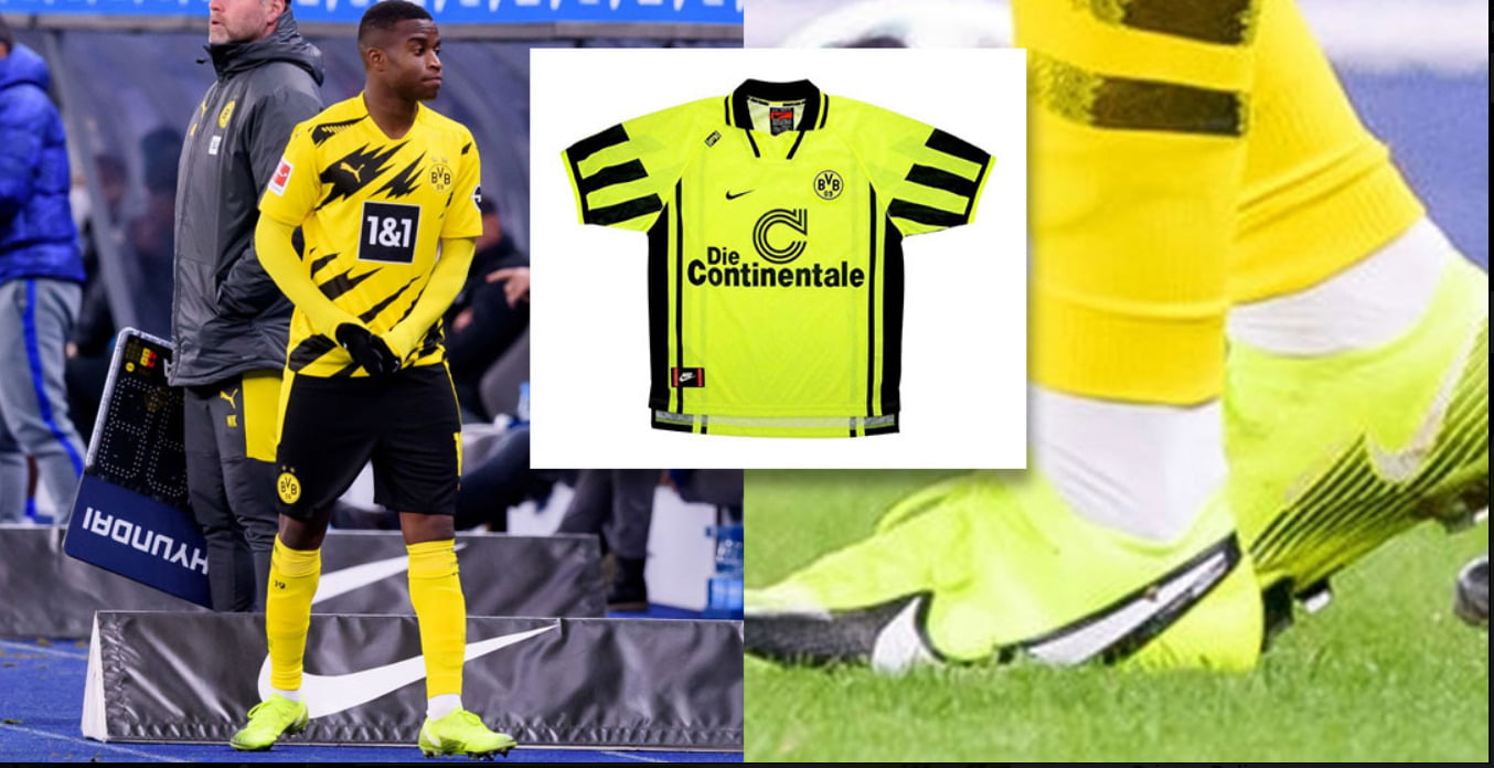 Jovem Moukoko faz história na Bundesliga ao calçar a chuteira Nike Mercurial Volt, inspirada no uniforme de 1990 do clube.