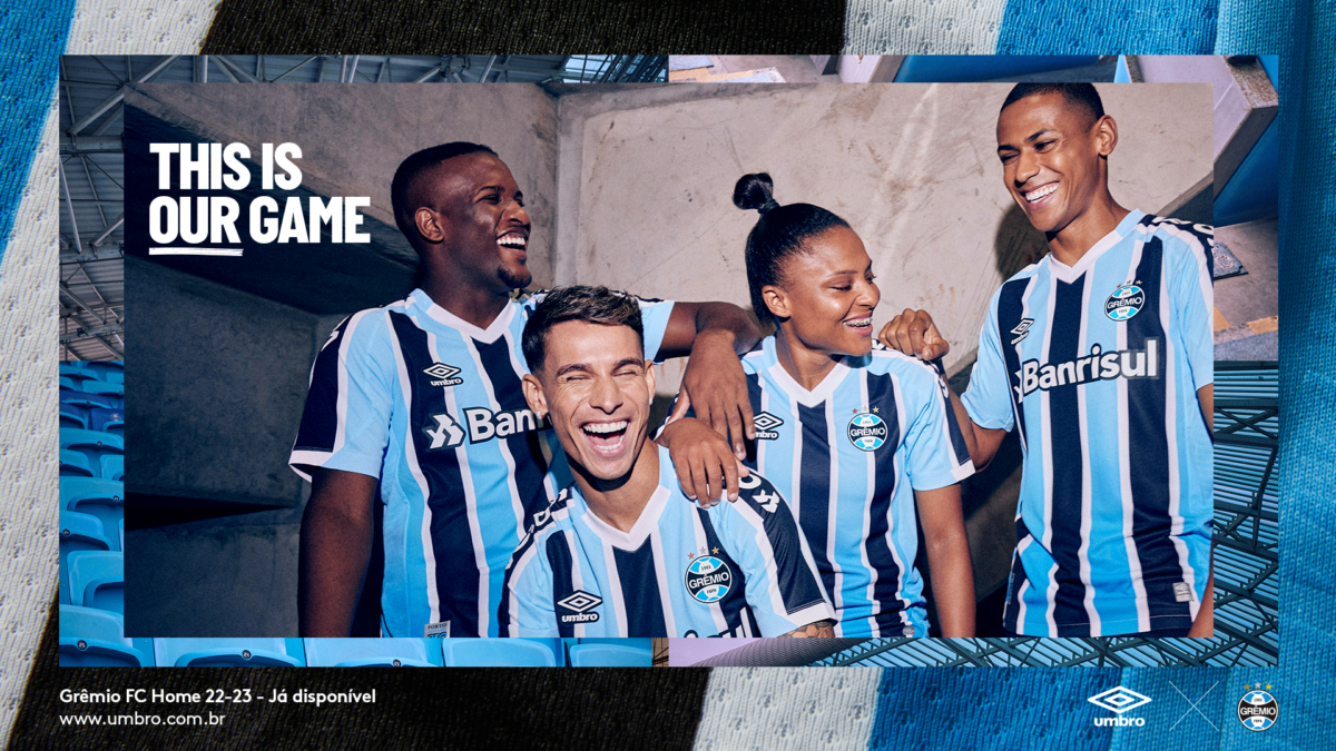 Grêmio lança novas camisas oficiais em parceria com a Umbro ; uniformes tem  detalhes em braile visando a inclusão dos torcedores com deficiência visual